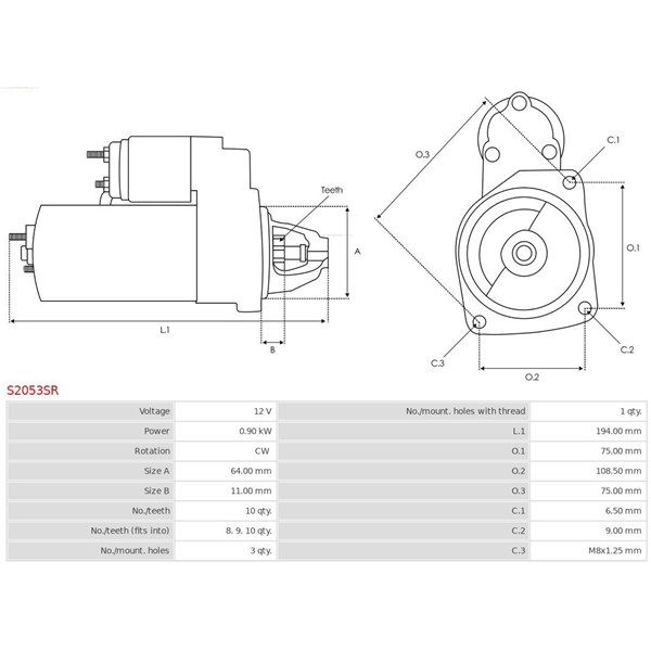 Startmotor 12V As-pl S2053SR AS-PL
