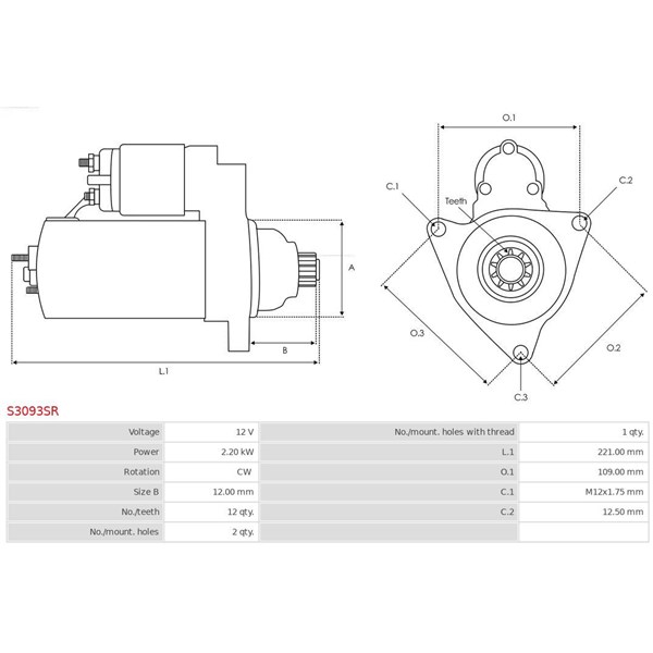 Startmotor 12V As-pl S3093SR AS-PL