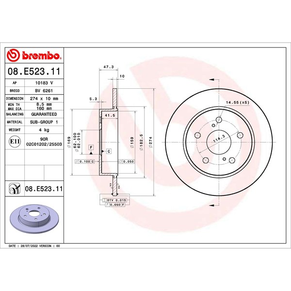 Bromsskiva Solid, Bakaxel Brembo 08.E523.11 BREMBO