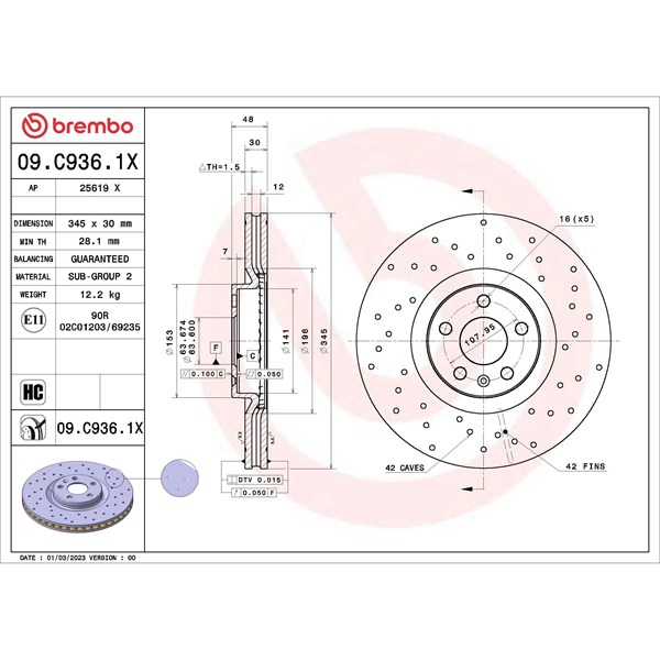 Bromsskiva Hålad/ventilerad, Framaxel Brembo 09.C936.1X BREMBO