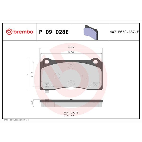 Bromsbeläggsats, Framaxel Brembo P 09 028E BREMBO