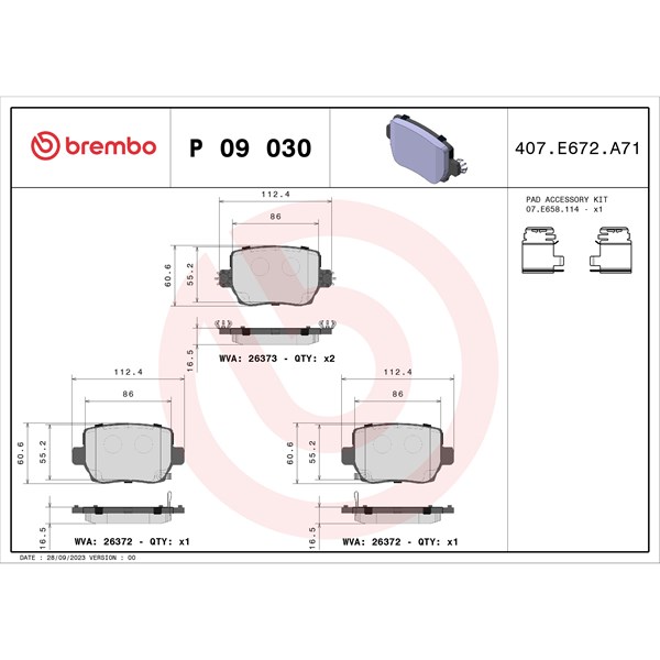 Bromsbeläggsats, Bakaxel Brembo P 09 030 BREMBO