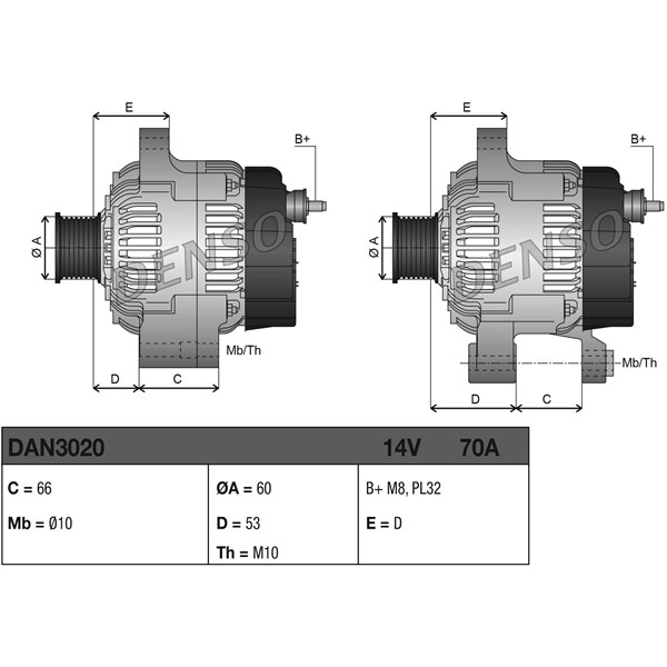 Generator 14V 70A Denso DAN3020 DENSO