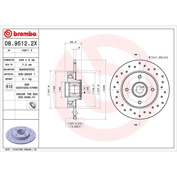 Bromsskiva Solid, Bakaxel Brembo 08.9512.2X BREMBO