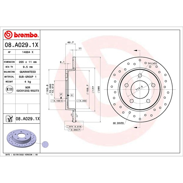 Bromsskiva Solid, Bakaxel Brembo 08.A029.1X BREMBO