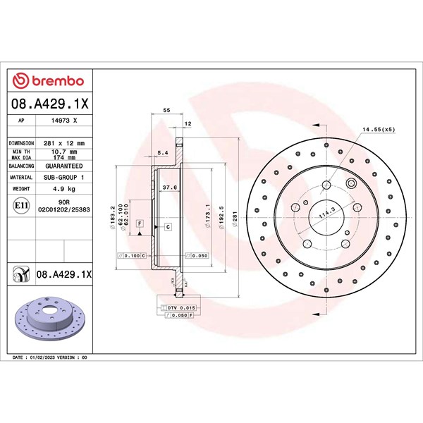Bromsskiva Solid, Bakaxel Brembo 08.A429.1X BREMBO