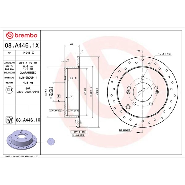 Bromsskiva Solid, Bakaxel Brembo 08.A446.1X BREMBO