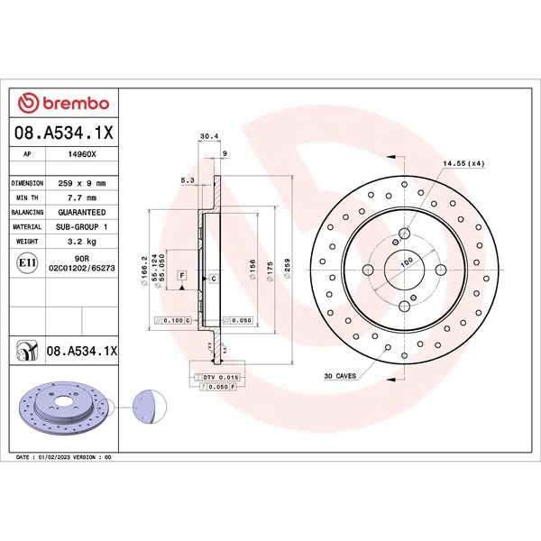 Bromsskiva Solid, Bakaxel Brembo 08.A534.1X BREMBO