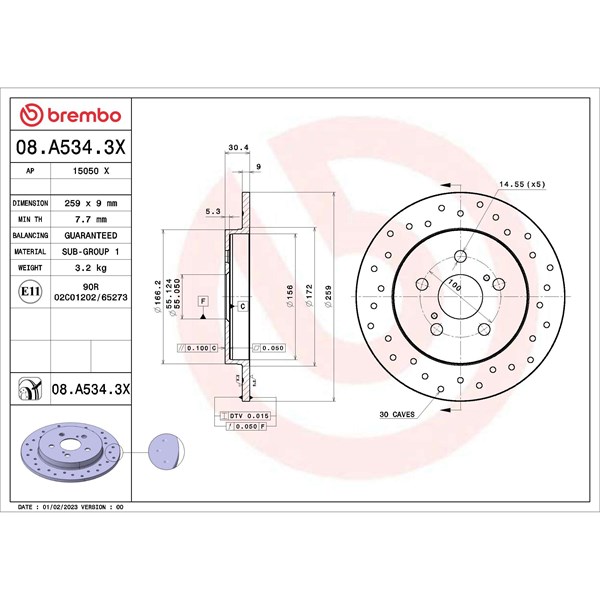 Bromsskiva Solid, Bakaxel Brembo 08.A534.3X BREMBO