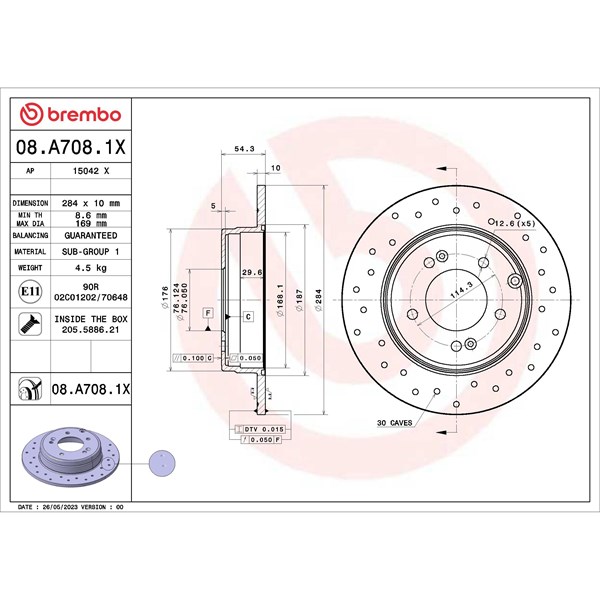 Bromsskiva Solid, Bakaxel Brembo 08.A708.1X BREMBO