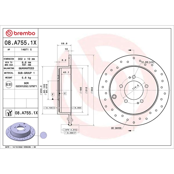 Bromsskiva Solid, Bakaxel Brembo 08.A755.1X BREMBO