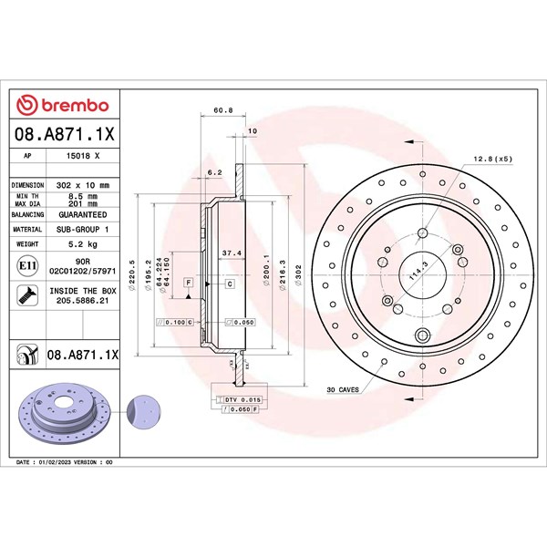 Bromsskiva Solid, Bakaxel Brembo 08.A871.1X BREMBO