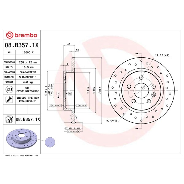 Bromsskiva Solid, Bakaxel Brembo 08.B357.1X BREMBO