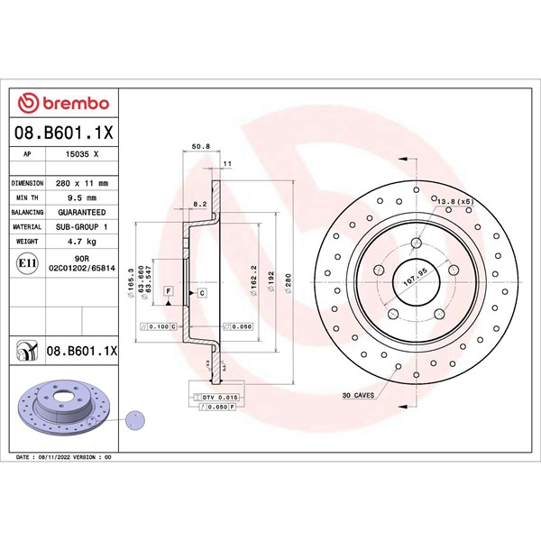 Bromsskiva Solid, Bakaxel Brembo 08.B601.1X BREMBO