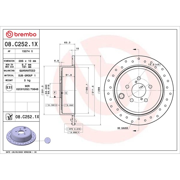 Bromsskiva Solid, Bakaxel Brembo 08.C252.1X BREMBO