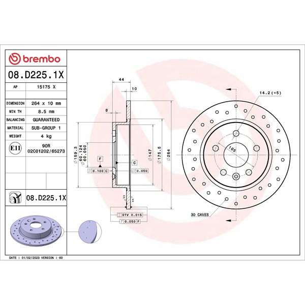 Bromsskiva Solid, Bakaxel Brembo 08.D225.1X BREMBO