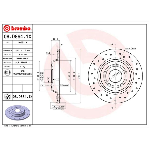Bromsskiva Solid, Bakaxel Brembo 08.D864.1X BREMBO
