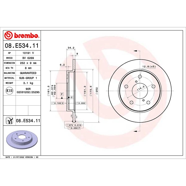 Bromsskiva Solid, Bakaxel Brembo 08.E534.11 BREMBO