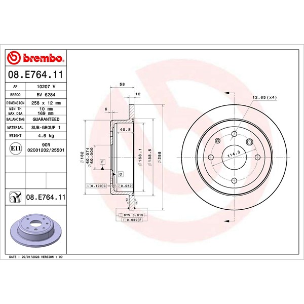 Bromsskiva Solid, Bakaxel Brembo 08.E764.11 BREMBO