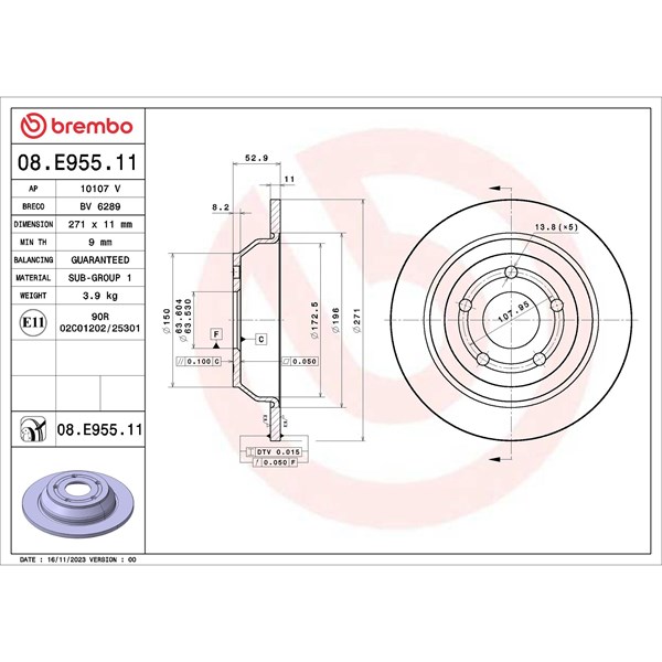 Bromsskiva Solid, Bakaxel Brembo 08.E955.11 BREMBO