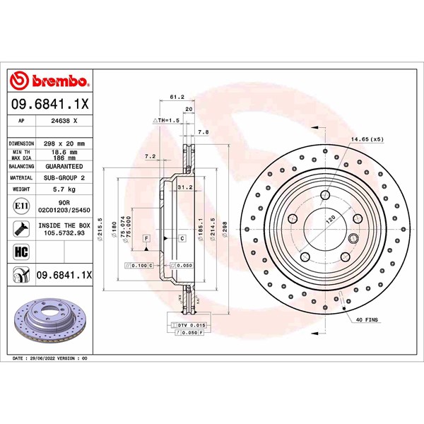 Bromsskiva Hålad/ventilerad, Bakaxel Brembo 09.6841.1X BREMBO