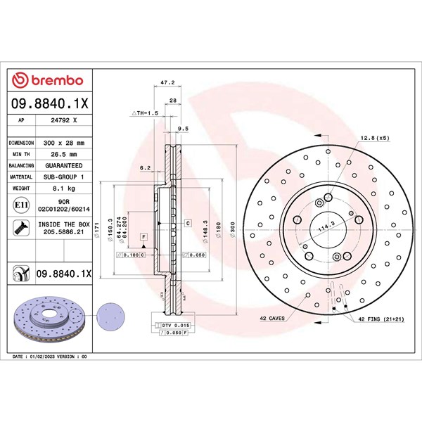 Bromsskiva Hålad/ventilerad, Framaxel Brembo 09.8840.1X BREMBO