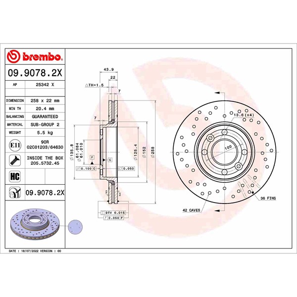Bromsskiva Hålad/ventilerad, Framaxel Brembo 09.9078.2X BREMBO