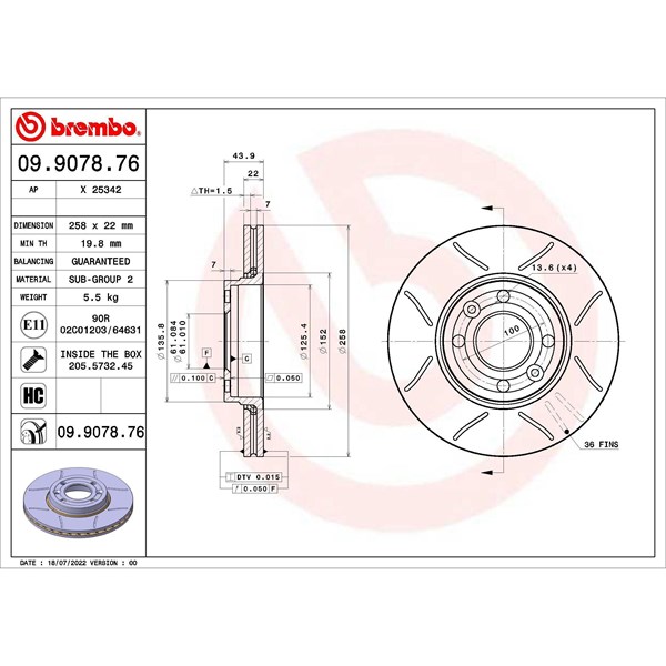 Bromsskiva Ventilerad, Framaxel Brembo 09.9078.76 BREMBO