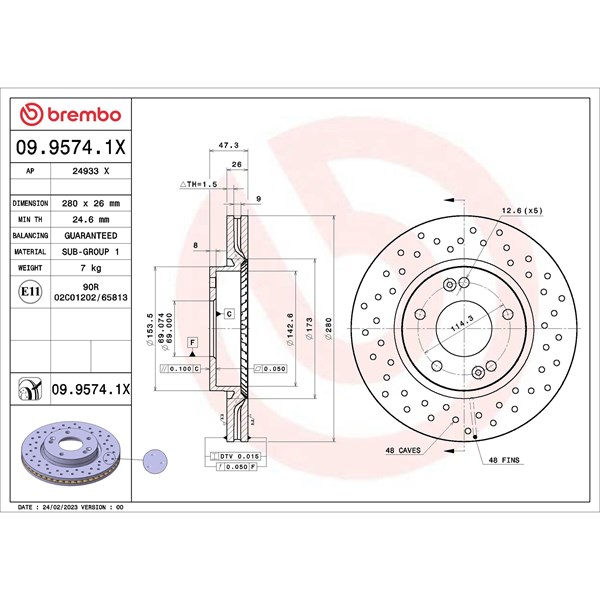 Bromsskiva Hålad/ventilerad, Framaxel Brembo 09.9574.1X BREMBO