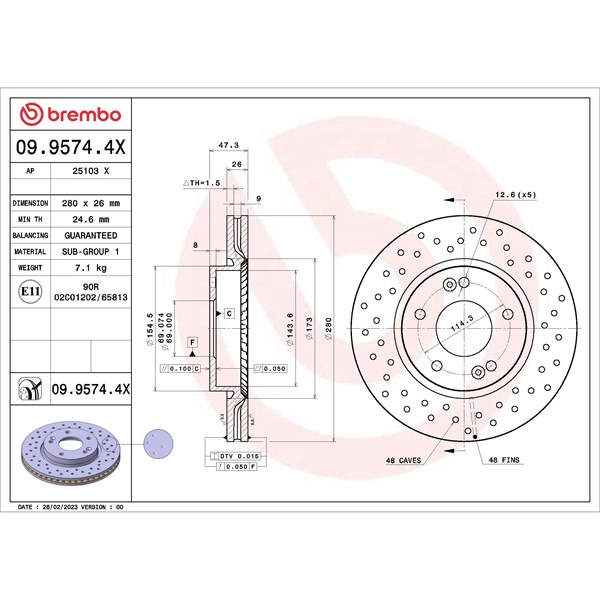 Bromsskiva Hålad/ventilerad, Framaxel Brembo 09.9574.4X BREMBO