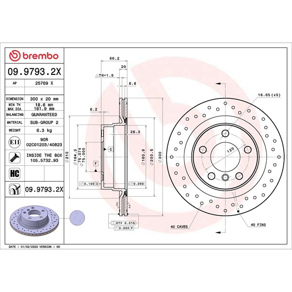 Bromsskiva Hålad/ventilerad, Bakaxel Brembo 09.9793.2X BREMBO