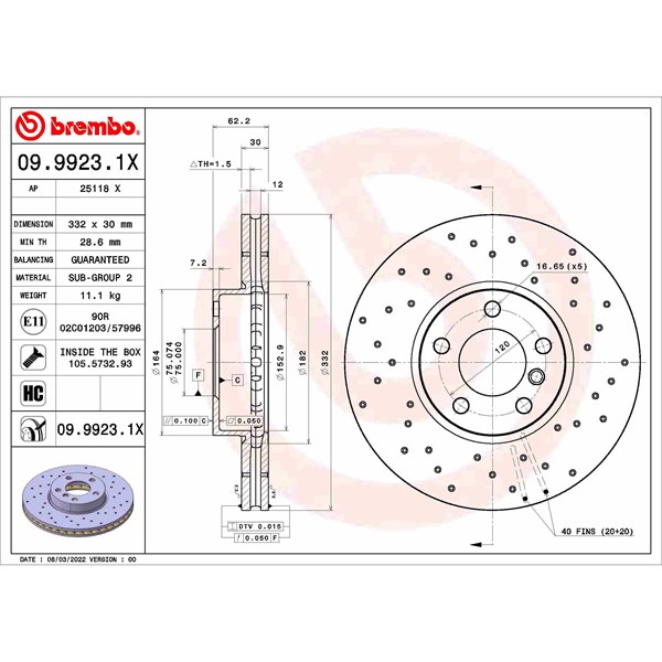 Bromsskiva Hålad/ventilerad, Framaxel Brembo 09.9923.1X BREMBO