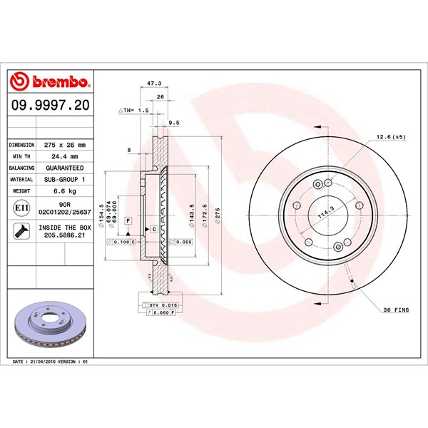 Bromsskiva Ventilerad, Framaxel Brembo 09.9997.20 BREMBO