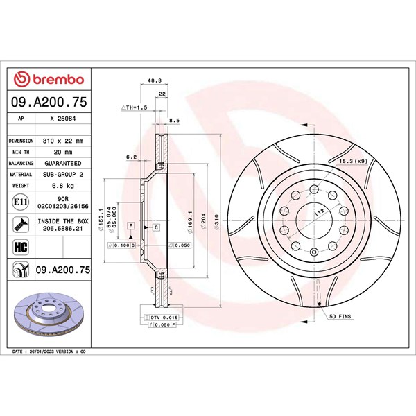Bromsskiva Ventilerad, Bakaxel Brembo 09.A200.75 BREMBO