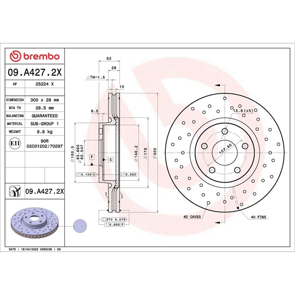 Bromsskiva Hålad/ventilerad, Framaxel Brembo 09.A427.2X BREMBO
