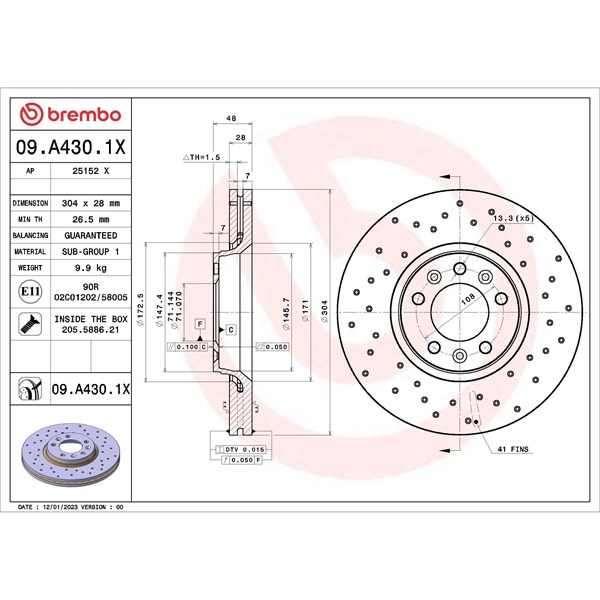 Bromsskiva Hålad/ventilerad, Framaxel Brembo 09.A430.1X BREMBO