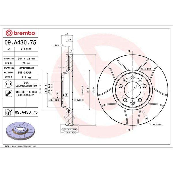 Bromsskiva Ventilerad, Framaxel Brembo 09.A430.75 BREMBO