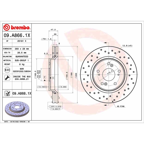 Bromsskiva Hålad/ventilerad, Framaxel Brembo 09.A866.1X BREMBO