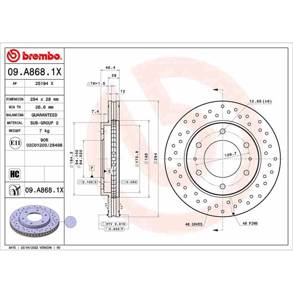 Bromsskiva Hålad/ventilerad, Framaxel Brembo 09.A868.1X BREMBO