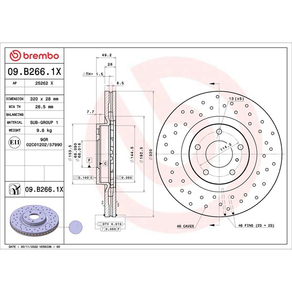 Bromsskiva Hålad/ventilerad, Framaxel Brembo 09.B266.1X BREMBO