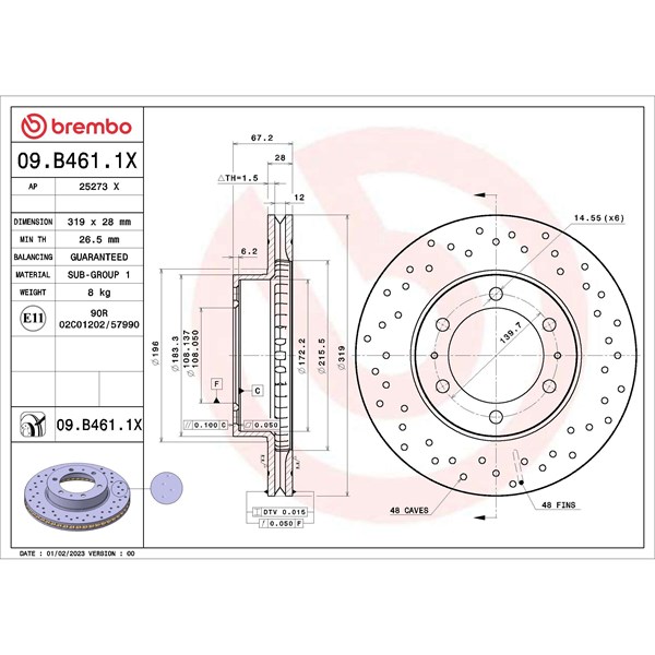 Bromsskiva Hålad/ventilerad, Framaxel Brembo 09.B461.1X BREMBO