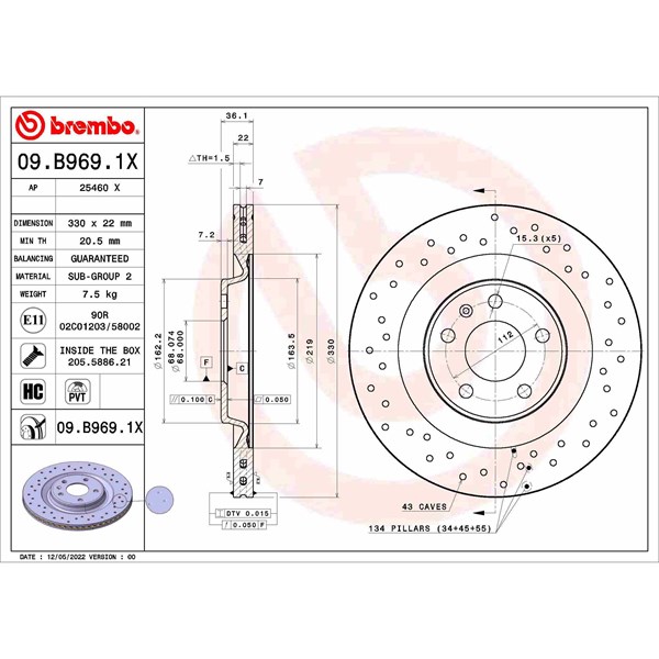 Bromsskiva Hålad/ventilerad, Bakaxel, Framaxel Brembo 09.B969.1X BREMBO