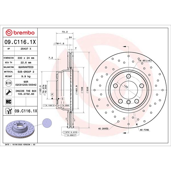 Bromsskiva Hålad/ventilerad, Framaxel Brembo 09.C116.1X BREMBO
