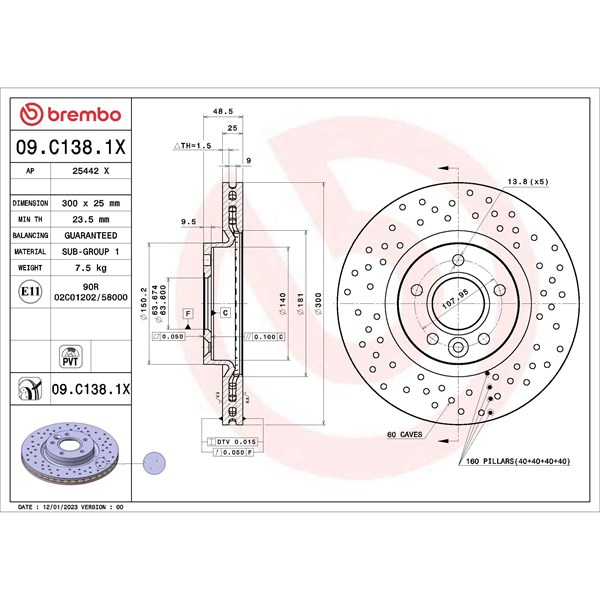 Bromsskiva Hålad/ventilerad, Framaxel Brembo 09.C138.1X BREMBO