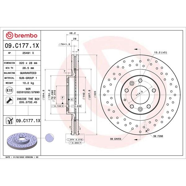 Bromsskiva Hålad/ventilerad, Framaxel Brembo 09.C177.1X BREMBO