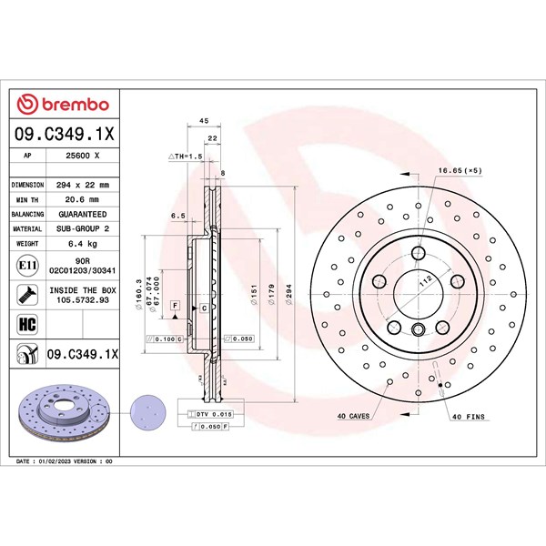 Bromsskiva Hålad/ventilerad, Framaxel Brembo 09.C349.1X BREMBO