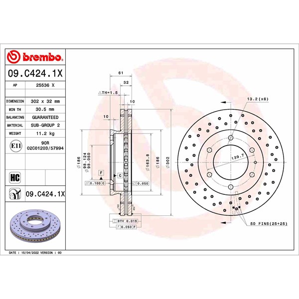 Bromsskiva Hålad/ventilerad, Framaxel Brembo 09.C424.1X BREMBO
