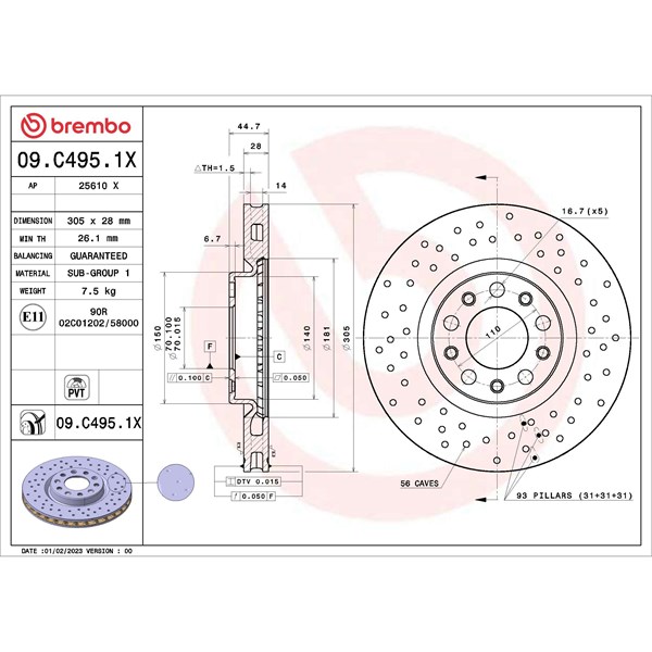Bromsskiva Hålad/ventilerad, Framaxel Brembo 09.C495.1X BREMBO