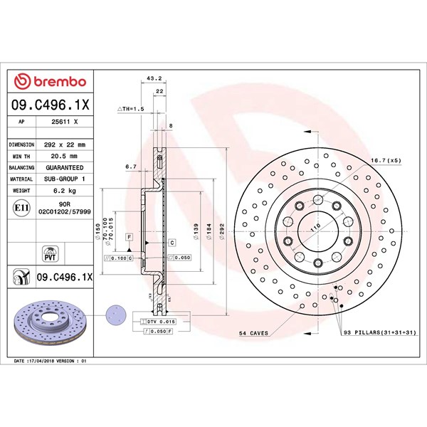 Bromsskiva Hålad/ventilerad, Bakaxel Brembo 09.C496.1X BREMBO