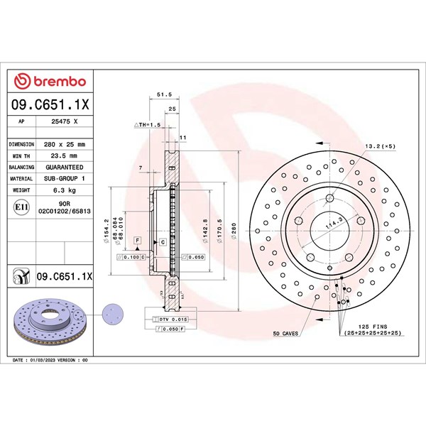 Bromsskiva Hålad/ventilerad, Framaxel Brembo 09.C651.1X BREMBO